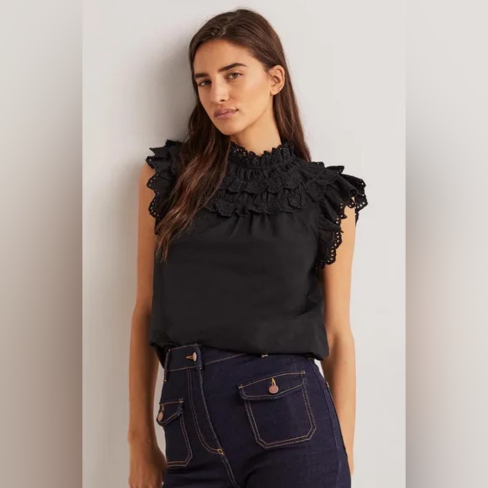 Boden Women’s Seamless Broderie Top Sleeveless Ruffle Detail Cotton Black Size 4